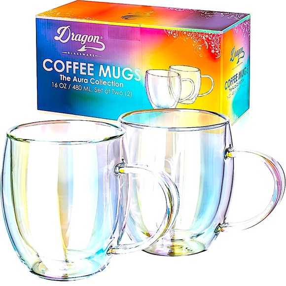 Double Walled Glass Coffee Mugs Set Of 2 - 16 Oz Iridescent Insulated Cups, Keeps Drinks Hot/Cold, Microwave Safe - View #2